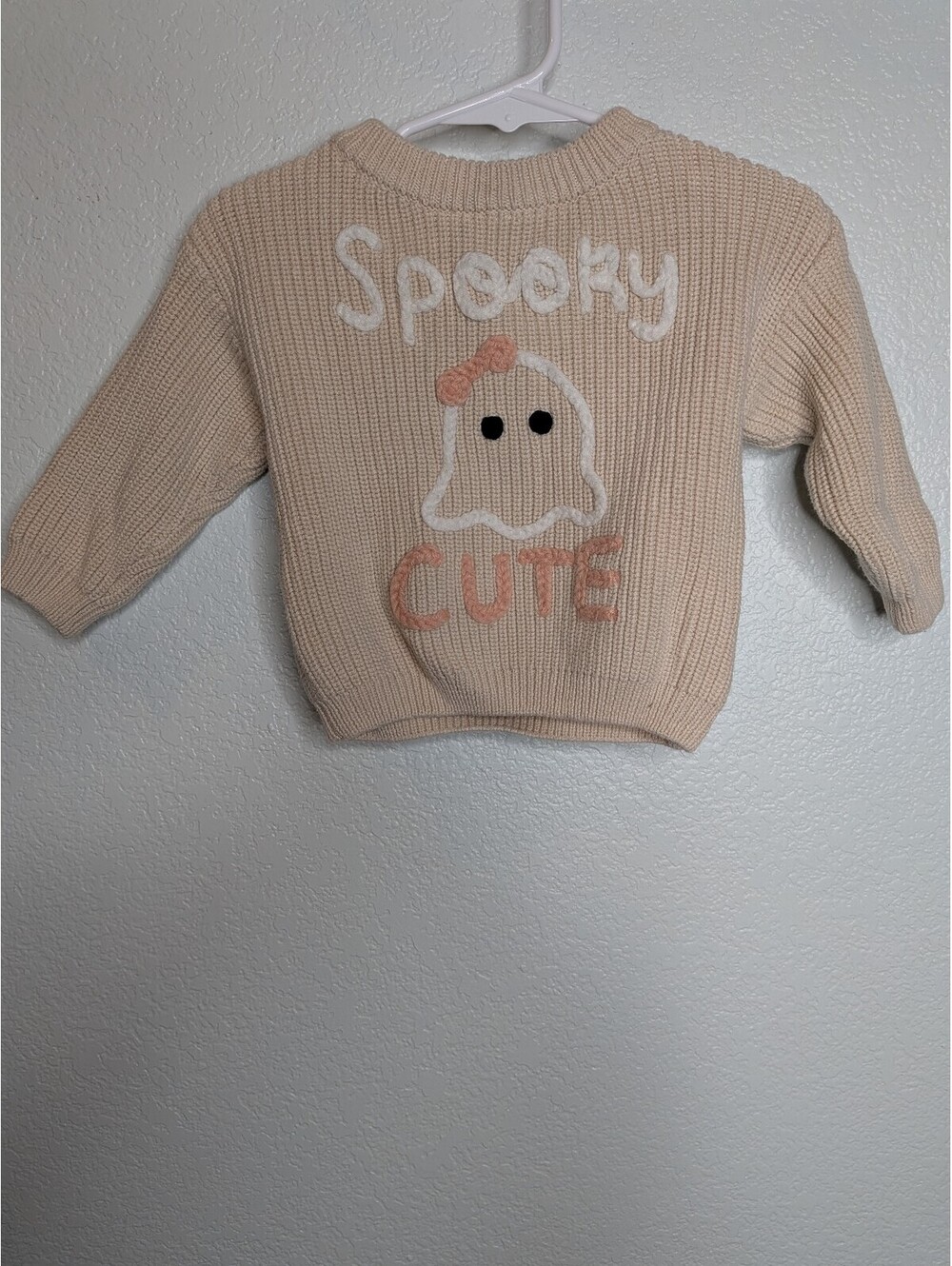 Beige 'Spooky Cute' chunky knit sweater. 6-12 mo Halloween